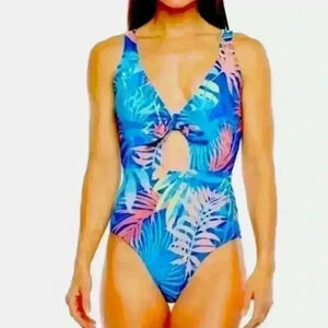 Peyton & Parker blue colorful palm frawn floral print one piece sz xxl 20/22